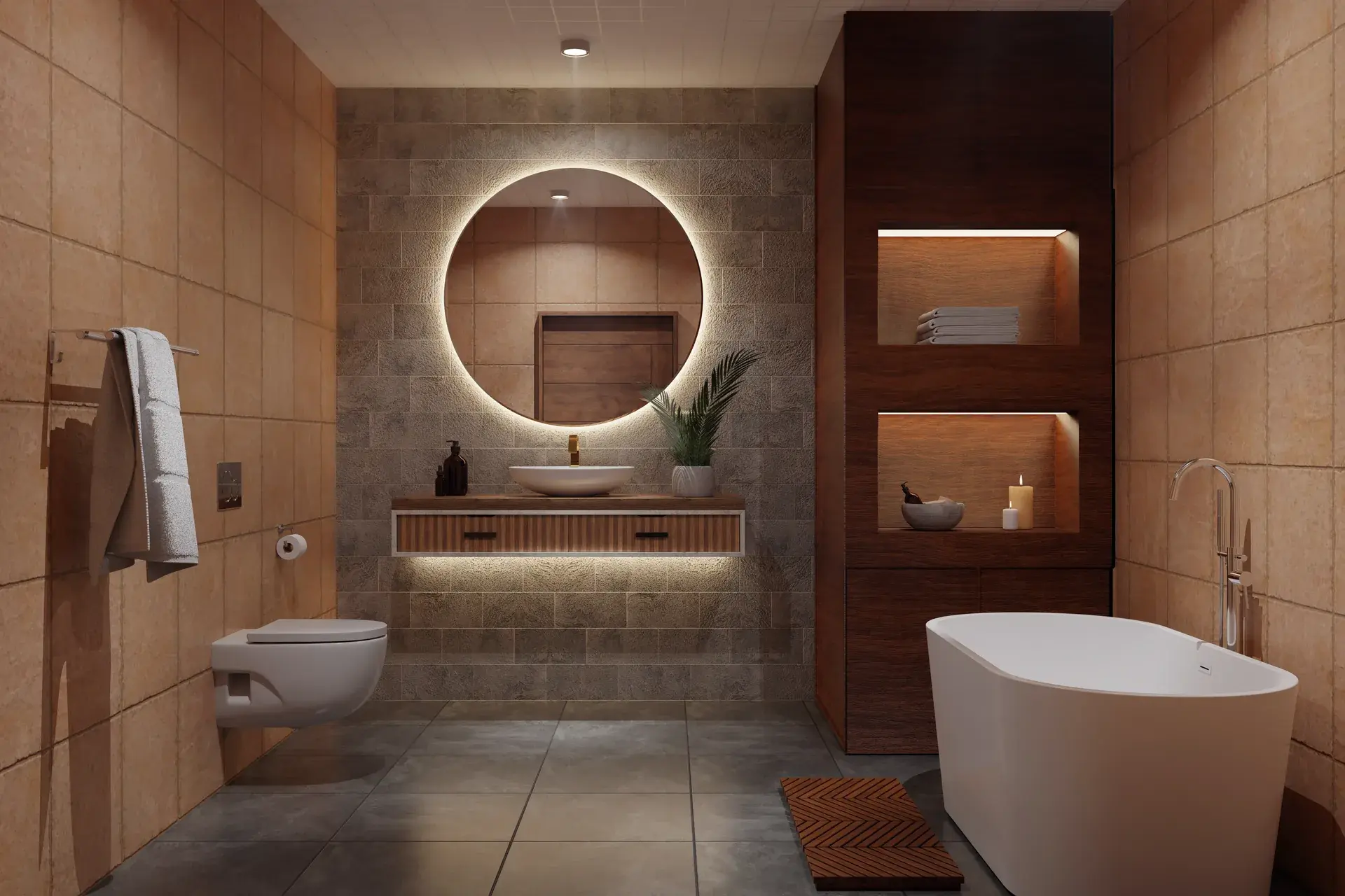 Reforma de baño en Zaragoza con revestimiento de piedra natural, mueble de madera y espejo redondo retroiluminado